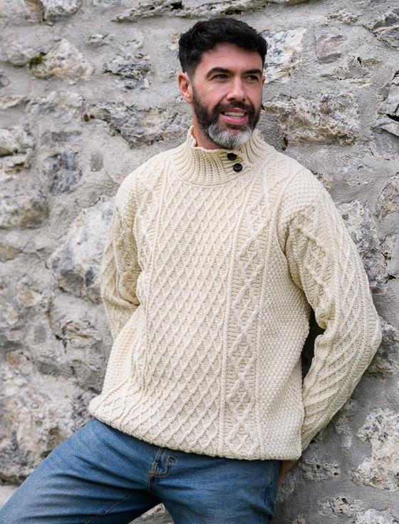 Aran Cashmere Mens Merino Aran Button Collar Sweater