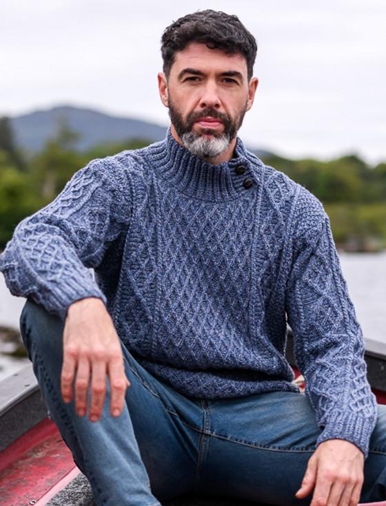 Aran Cashmere Mens Merino Aran Button Collar Sweater