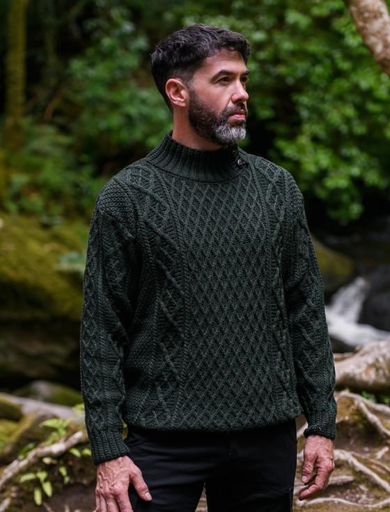aran cashmere Mens Merino Aran Button Collar Sweater