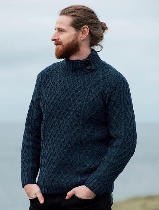 Aran Cashmere ‎Mens Merino Aran‎ Button Collar Sweater