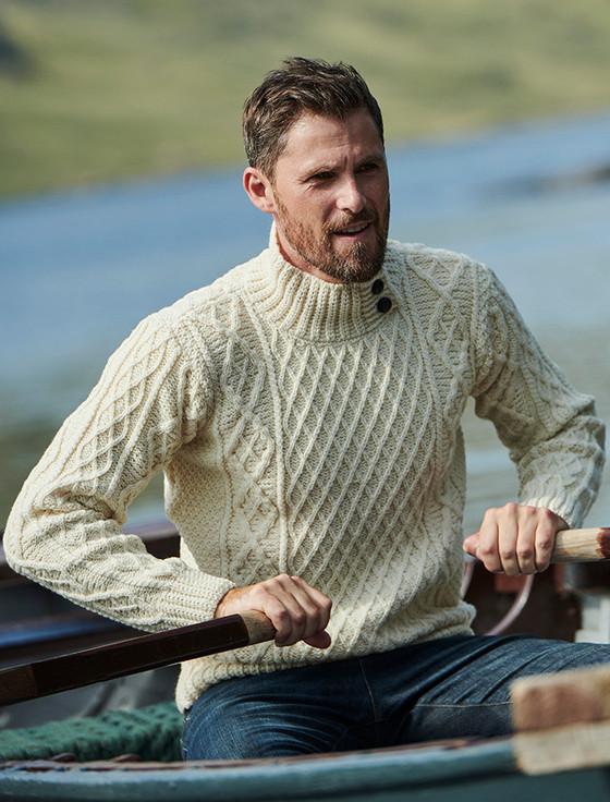 Aran Cashmere ‎Mens Merino Aran Button Collar Sweater