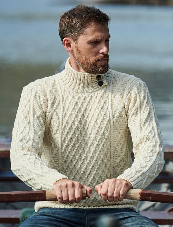 aran cashmere ‎Mens Merino Aran Button Collar Sweater