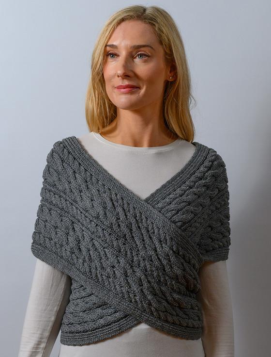 aran cashmere Merino Aran Cable Crossover Wrap with Buttons