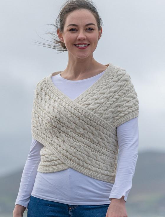 Aran Cashmere Merino Aran Cable Crossover Wrap With Buttons‎‎‎‎‎