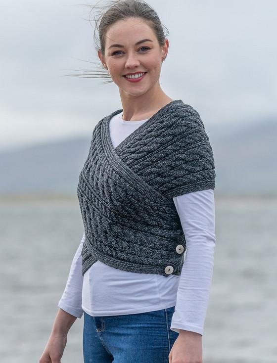 Aran Cashmere Merino Aran Cable Crossover Wrap With Buttons‎‎