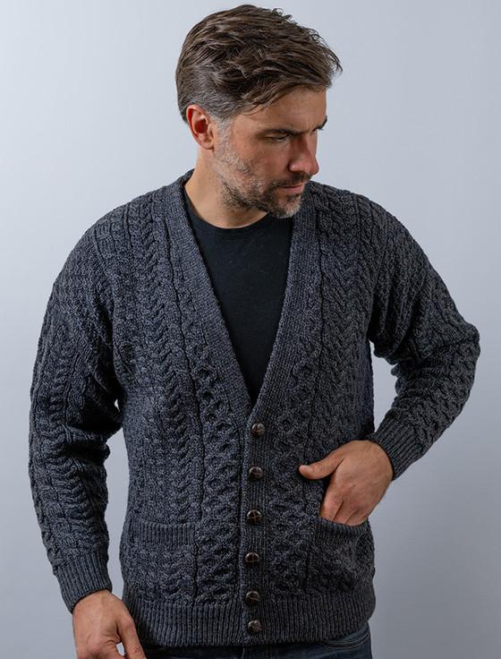 aran cashmere Merino Woo‎l Aran Men‎'s V-Neck Cardigan