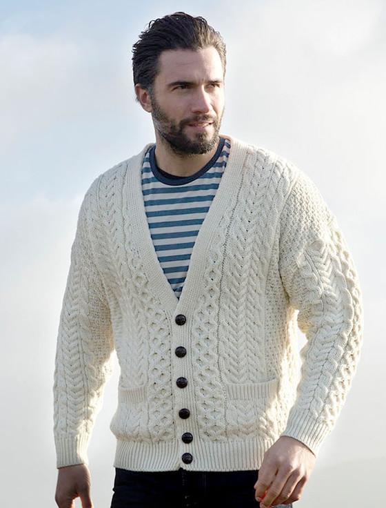 Aran Cashmere Merino Wool Aran Men's V-Neck Cardigan