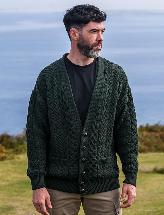 aran cashmere Merino Wool Aran Men's V-Neck Cardigan