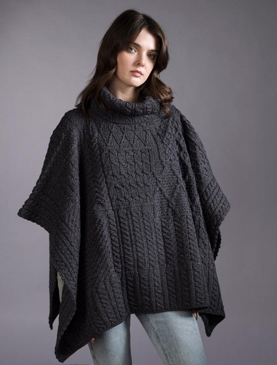 Aran Cashmere ‎Merino Wool Patchwork Poncho With Collar‎‎