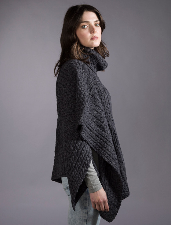 Aran Cashmere ‎Merino Wool Patchwork Poncho With Collar‎‎
