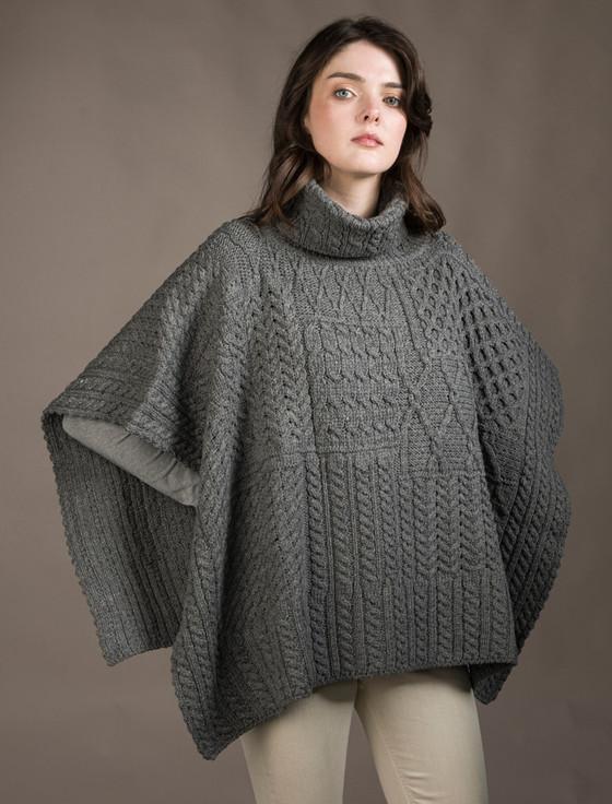 aran cashmere ‎Merino Wool Patchwork Poncho with Collar‎