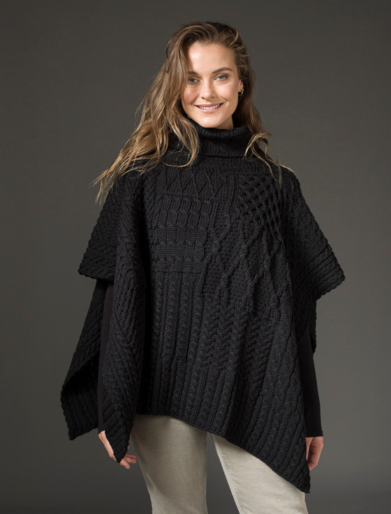 Aran Cashmere ‎Merino Wool Patchwork Poncho With Collar‎‎‎‎‎