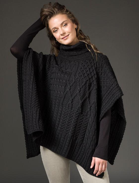 Aran Cashmere ‎Merino Wool Patchwork Poncho With Collar‎‎‎‎‎