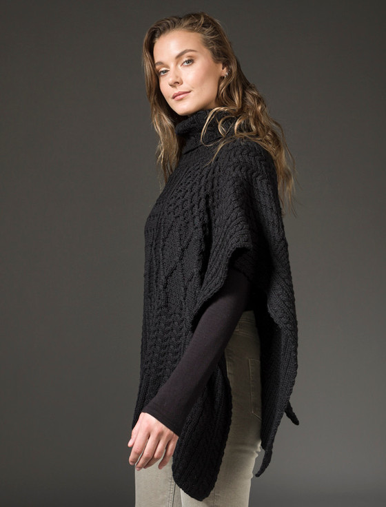 Aran Cashmere ‎Merino Wool Patchwork Poncho With Collar‎‎‎‎‎