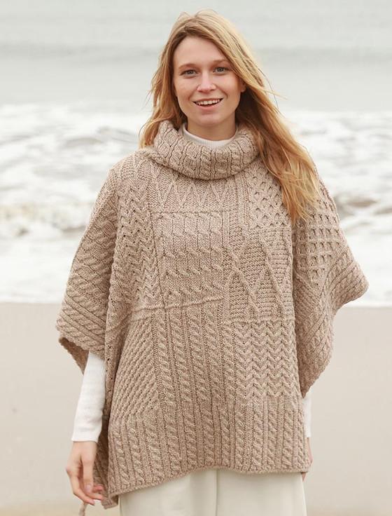 aran cashmere ‎Merino Wool Patchwork Poncho with Collar‎‎‎‎‎