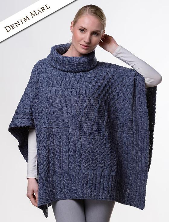 Aran Cashmere Merino Wool Patchwork Poncho With Collar‎