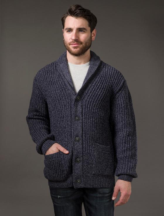 aran cashmere ‎Merino Wool R‎ib‎bed Shawl Neck Ca‎rdigan