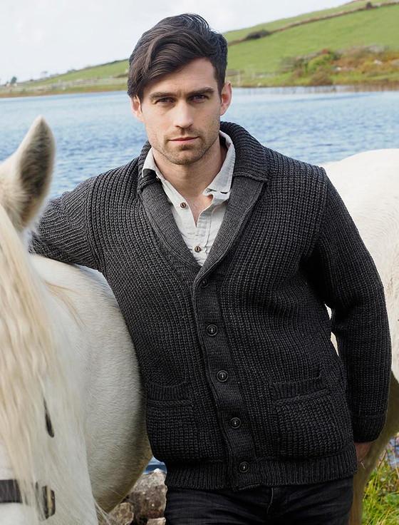 Aran Cashmere ‎Merino Wool R‎ibbe‎d‎ S‎hawl Neck Car‎digan