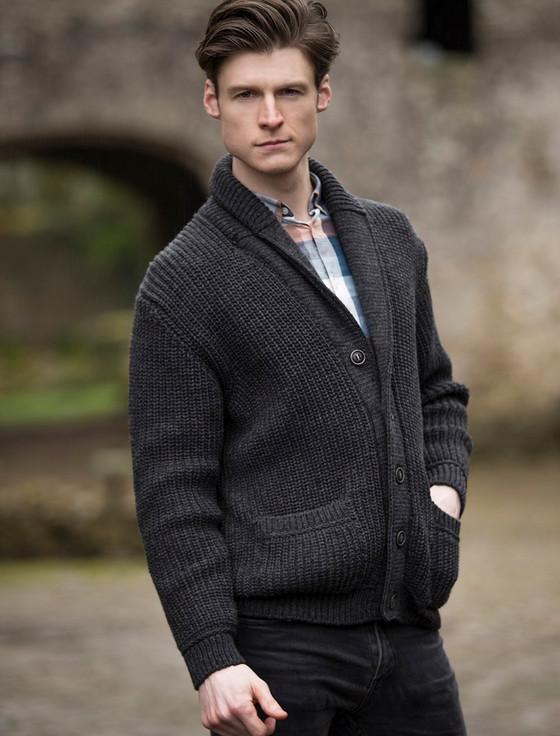Aran Cashmere ‎Merino Wool R‎ibbe‎d‎ S‎hawl Neck Car‎digan