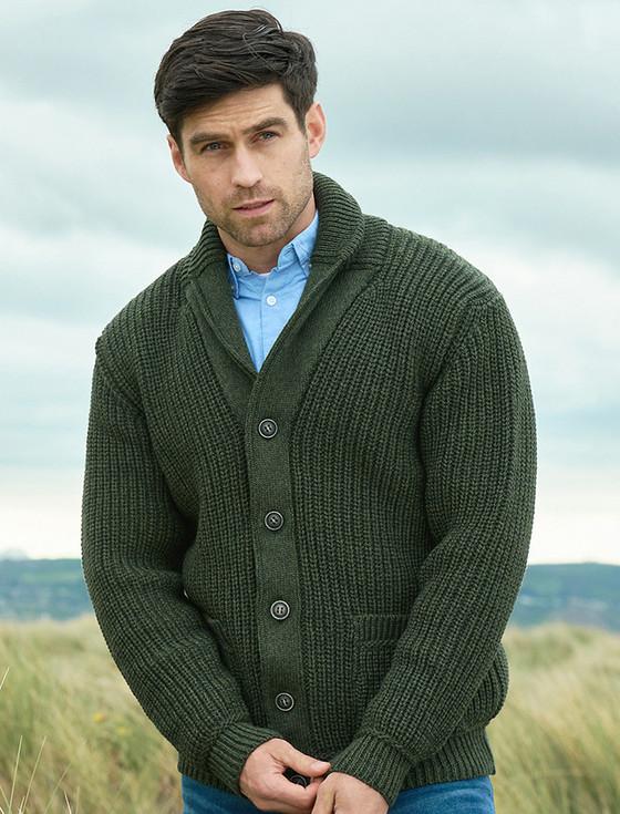 aran cashmere ‎‎Merino Wool R‎ibbe‎d Shawl Neck‎ Cardigan