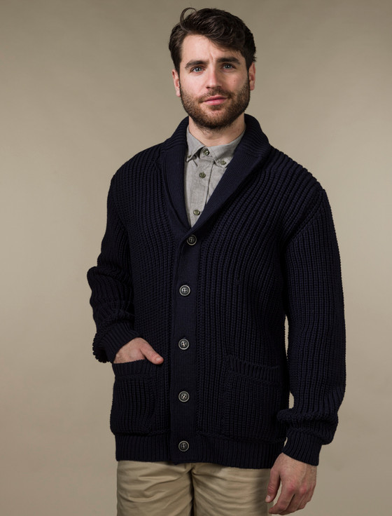 aran cashmere ‎Merino Wool R‎ibbe‎d‎ Shawl Neck Cardigan