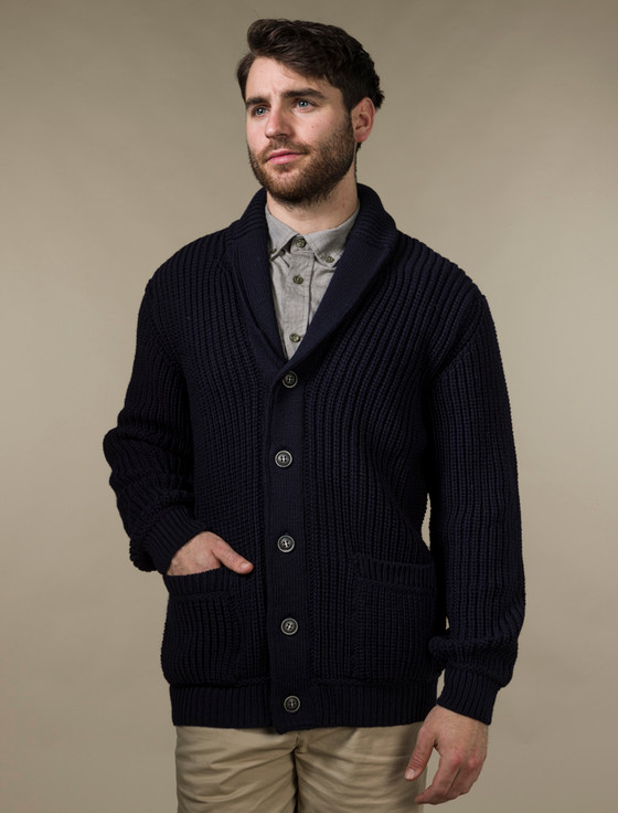 Aran Cashmere Merino Wool Ribbed Shawl Neck Cardigan