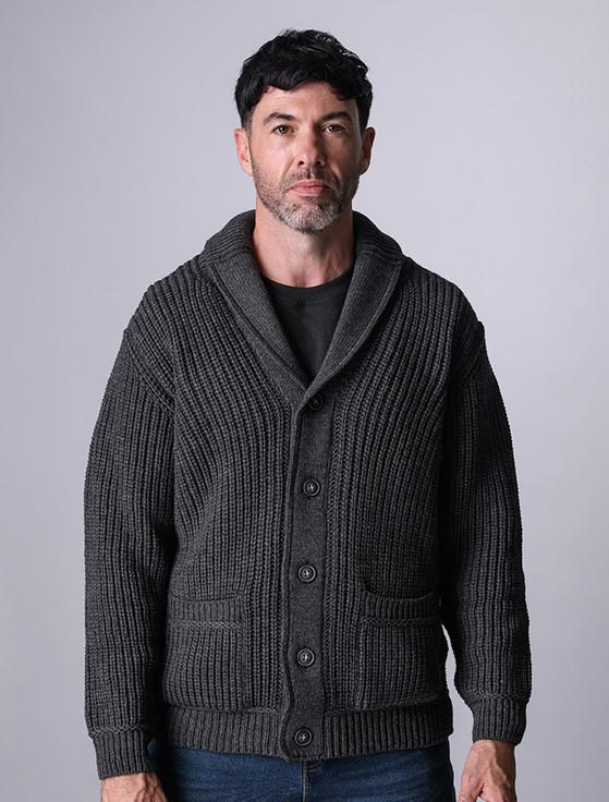 aran cashmere Merino Wool Ribbed Shawl Neck Cardigan