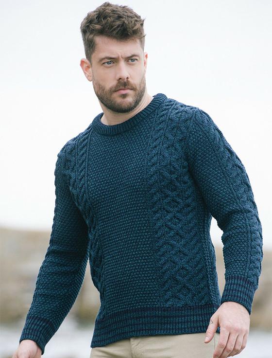 Aran Cashmere Moss & Cable Knit Crew Neck Aran Wool Sweater