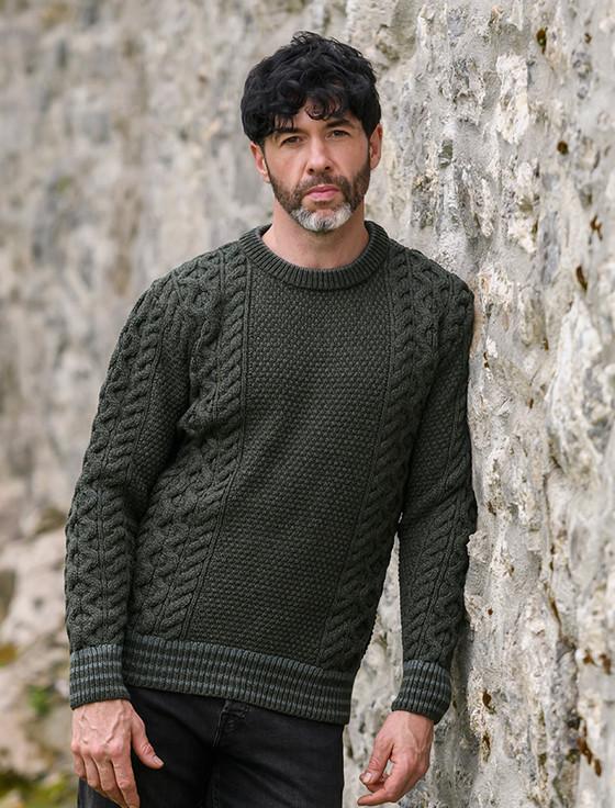 aran cashmere Moss & Cable Knit Crew Neck Aran Wool Sweater