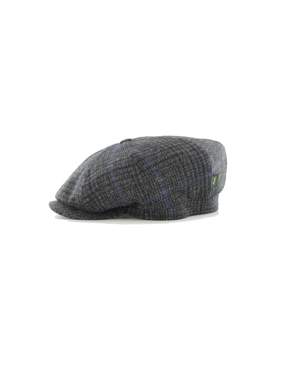 Aran Cashmere Mucros 8 Panel Driving Cap - Charcoal & Blue Check
