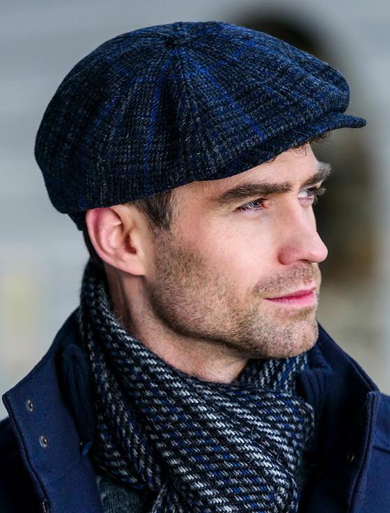 aran cashmere Mucros 8 Panel Driving Cap - Charcoal & Blue Check