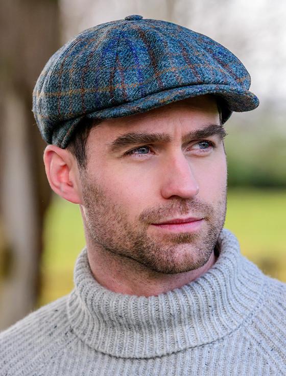 aran cashmere Mucros 8 Panel Driving Cap - Green & Brown Check