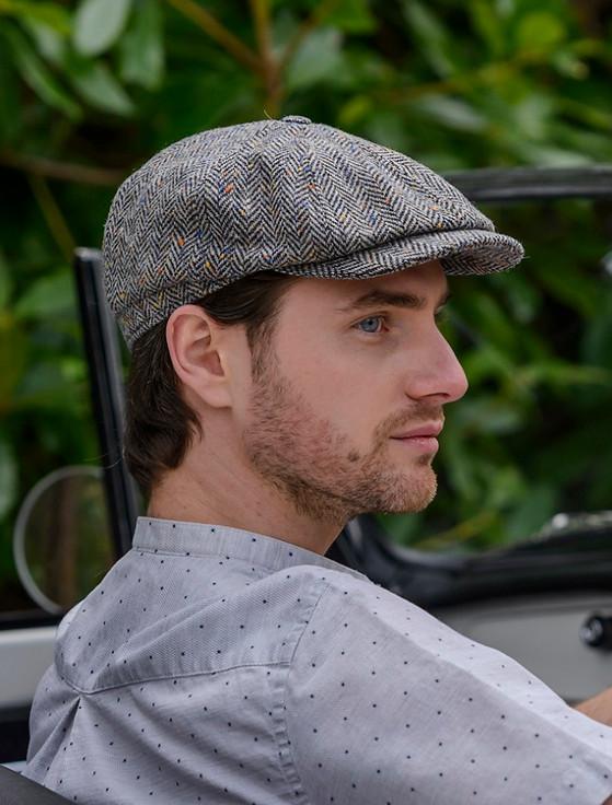 Aran Cashmere Mucros 8 Panel Driving Cap - Grey Herringbone