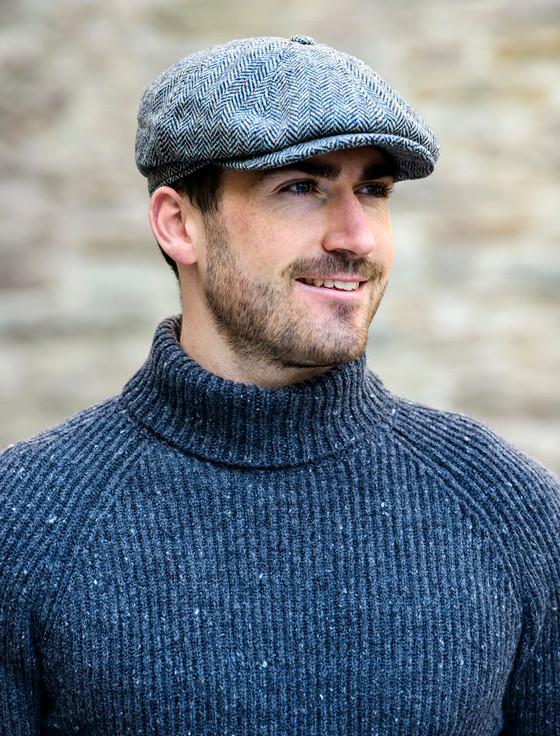 Aran Cashmere Mucros 8 Panel Driving Cap - Grey Herringbone
