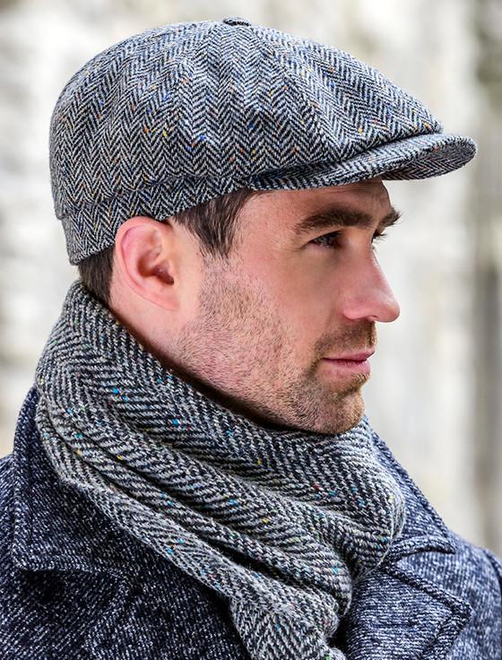 aran cashmere Mucros 8 Panel Driving Cap - Grey Herringbone