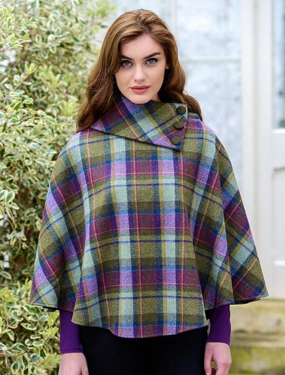 Aran Cashmere Mucros Tweed Poncho - Multi Vernal Plaid