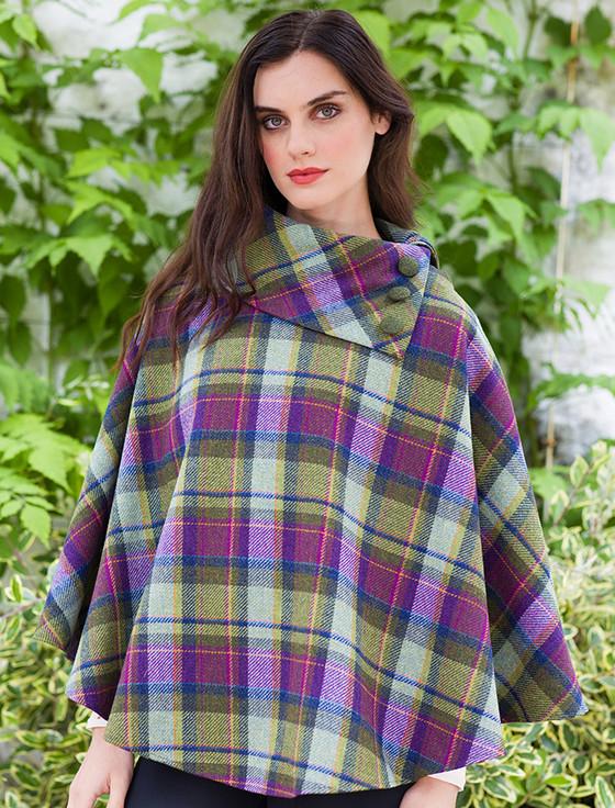 aran cashmere Mucros Tweed Poncho - Multi Vernal Plaid