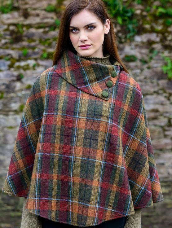 Aran Cashmere Mucros Tweed Poncho - Rust Orange Plaid