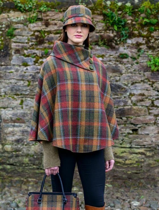 Aran Cashmere Mucros Tweed Poncho - Rust Orange Plaid