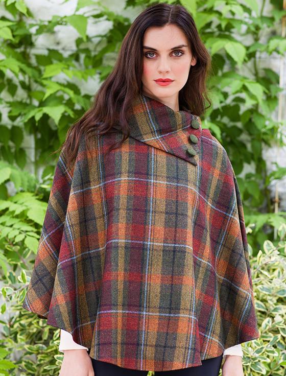 aran cashmere Mucros Tweed Poncho - Rust Orange Plaid
