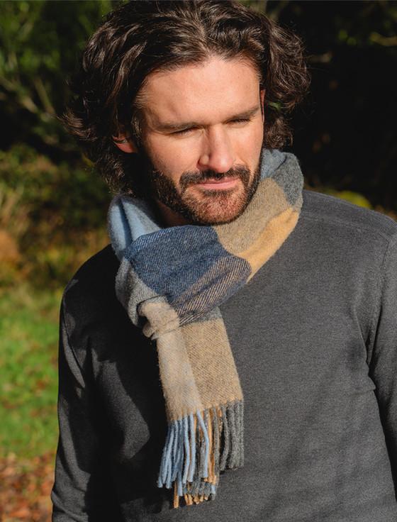 Aran Cashmere Narrow Lambswool Checked Scarf - Beige Grey & Blue