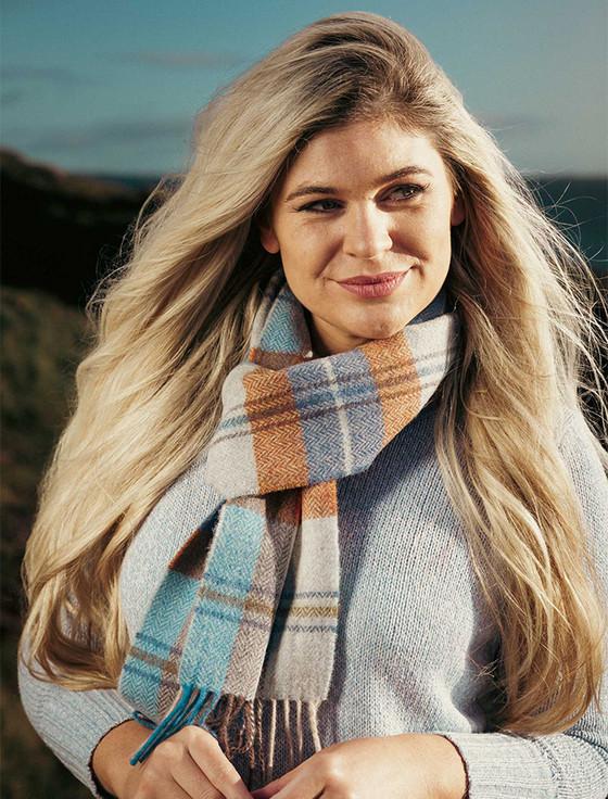 Aran Cashmere Narrow Lambswool Checked Scarf - Blue Grey & Rust