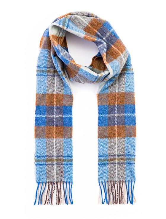 Aran Cashmere Narrow Lambswool Checked Scarf - Blue Grey & Rust