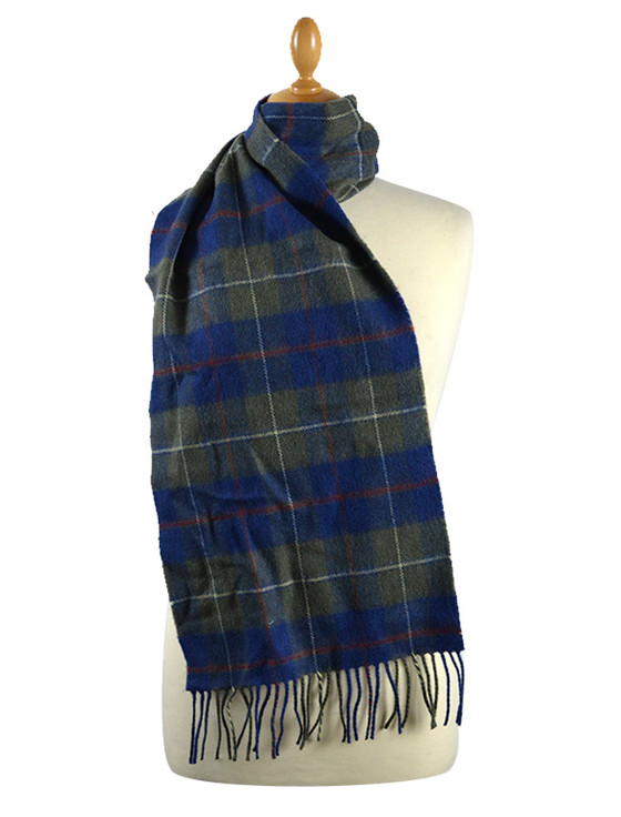 Aran Cashmere Narrow Lambswool Checked Scarf - Blue Olive Plaid