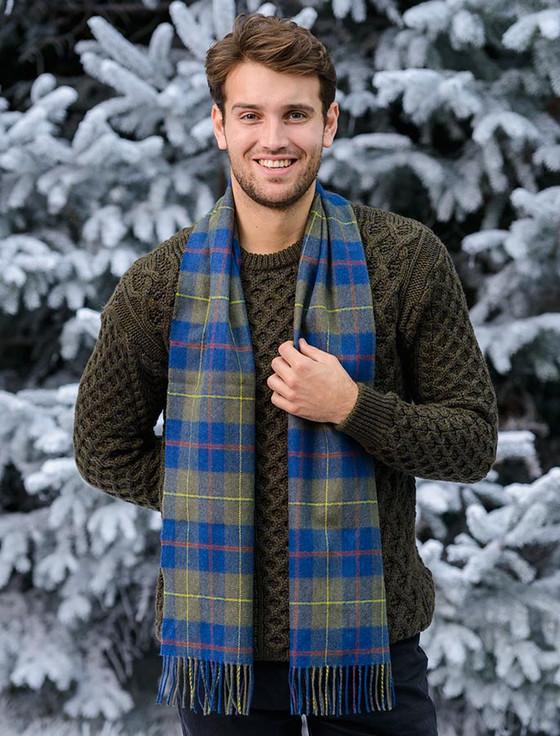 aran cashmere Narrow Lambswool Checked Scarf - Blue Olive Plaid