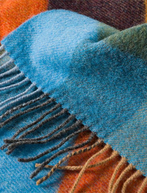 Aran Cashmere Narrow Lambswool Checked Scarf - Mustard Blue & Orange