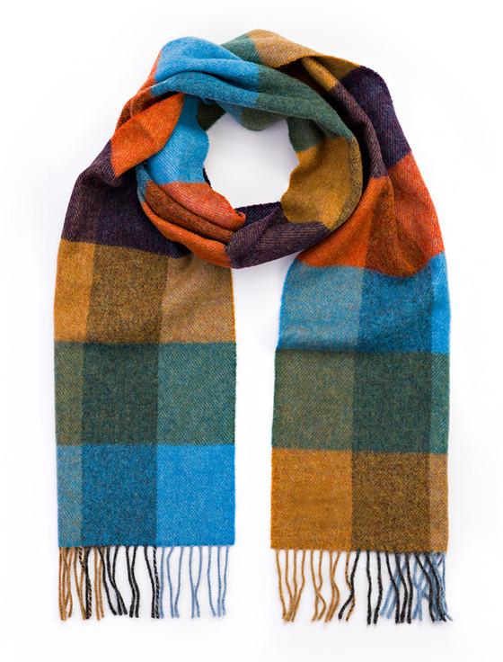 Aran Cashmere Narrow Lambswool Checked Scarf - Mustard Blue & Orange