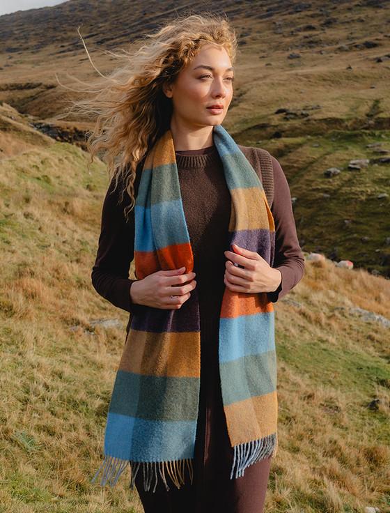 aran cashmere Narrow Lambswool Checked Scarf - Mustard Blue & Orange