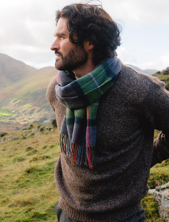 Aran Cashmere Narrow Lambswool Checked Scarf - Purple Green & Navy