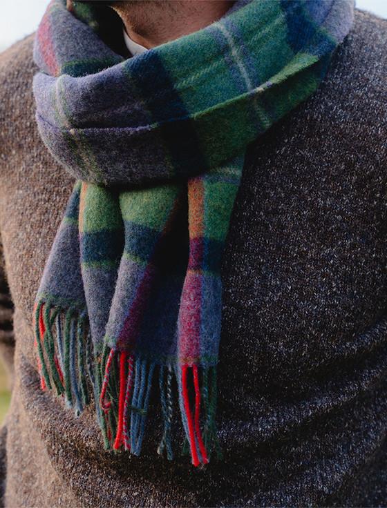 Aran Cashmere Narrow Lambswool Checked Scarf - Purple Green & Navy